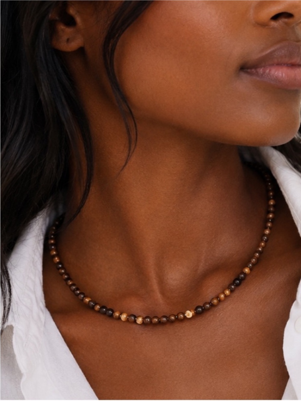 New! Neutral Brown Natural Tigers Eye Beaded Necklace NWOT 1037